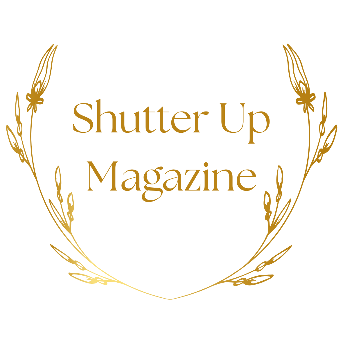 Elegant gold floral logo design for Shutter Up Magazine with decorative laurel wreath elements.
