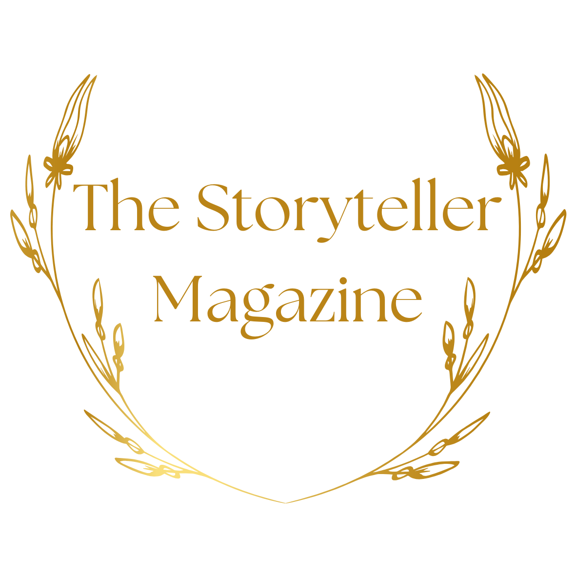 Gold text reading 'The Storyteller Magazine' with decorative wheat or laurel branches forming an elegant frame design.