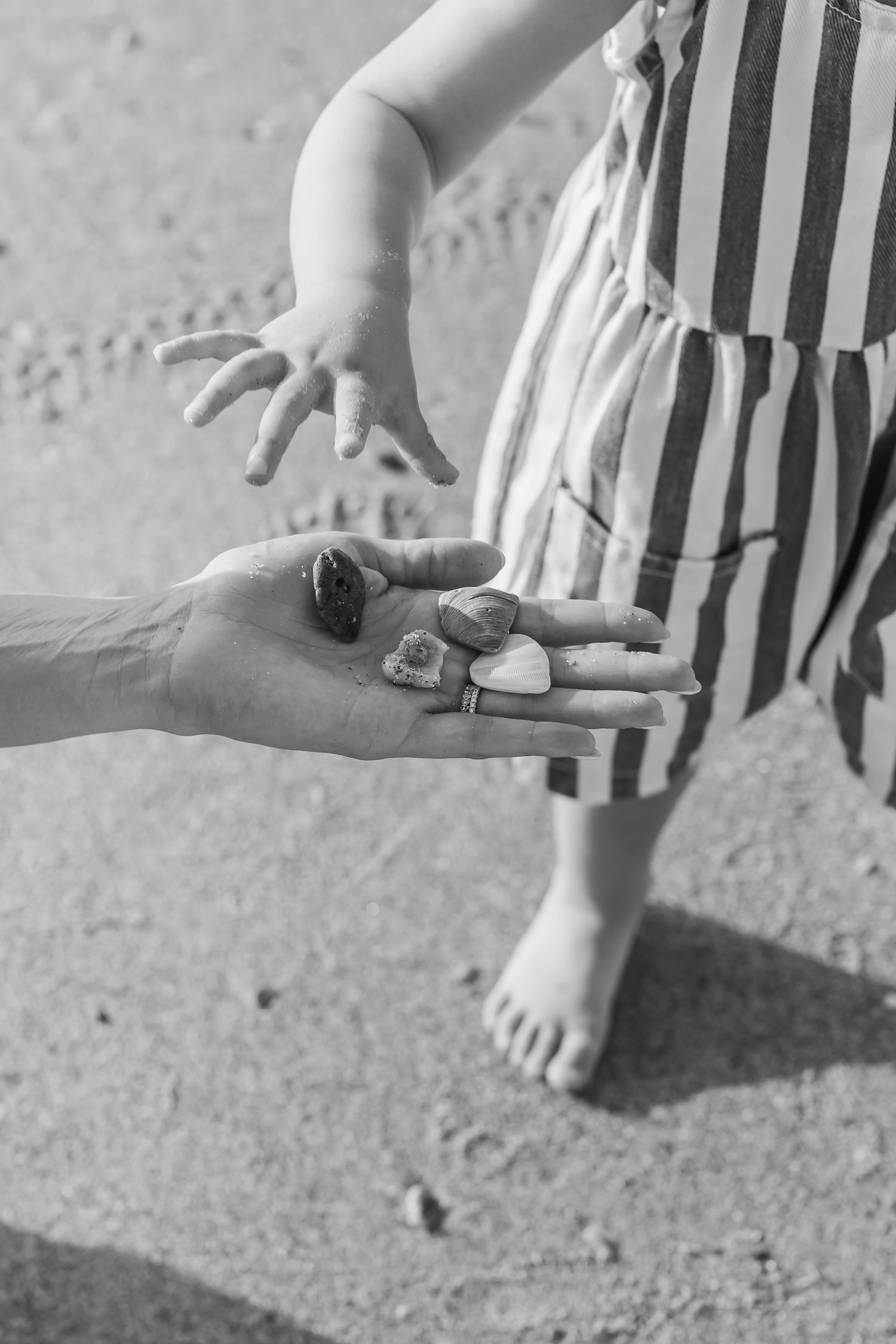 Black and white photo of adult hand holding small stones offered to a barefoot toddler in striped outfit on sandy beach.