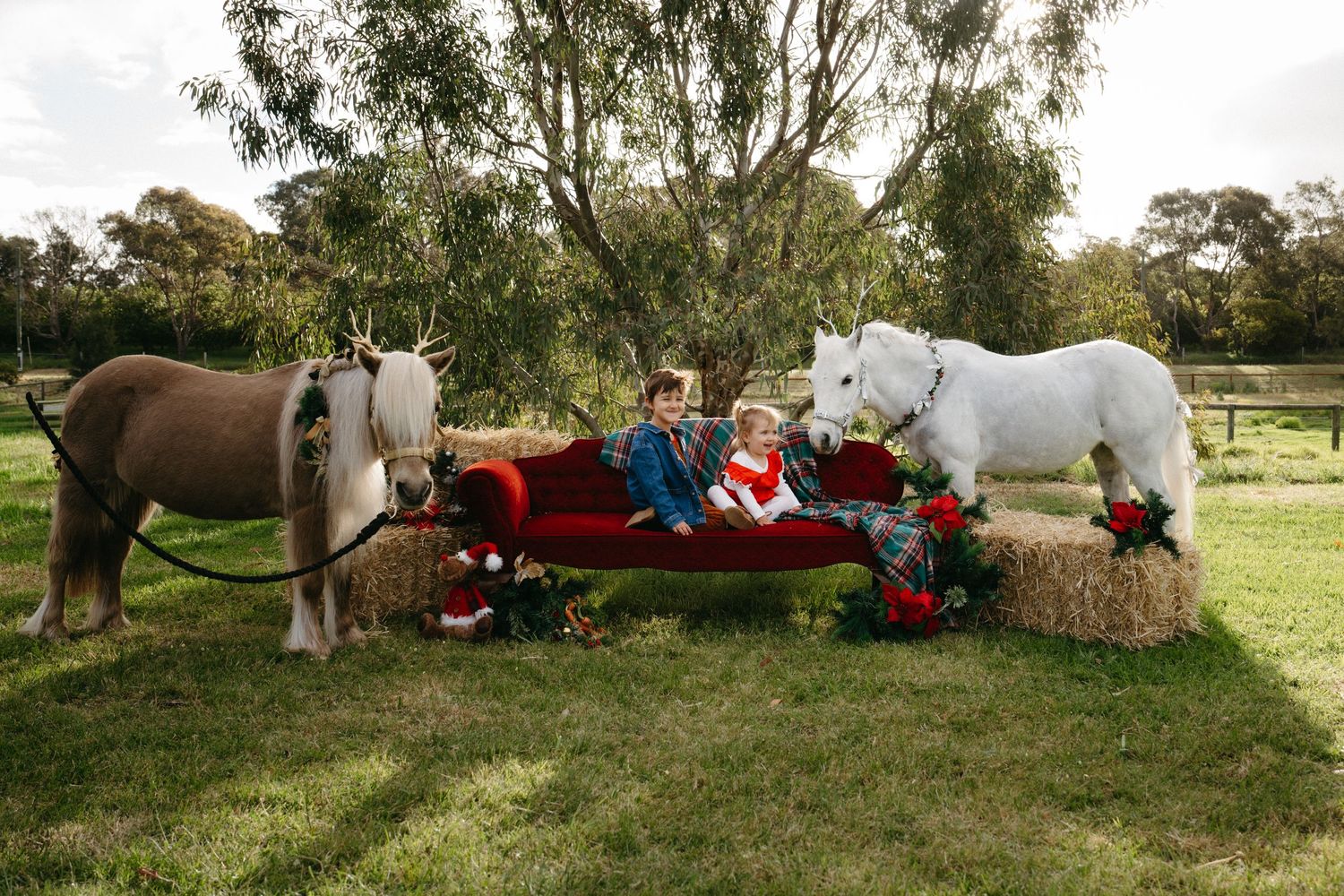 Rustic outdoor scene with horses surrounding a red wagon and hay bales in a green field with eucalyptus trees.