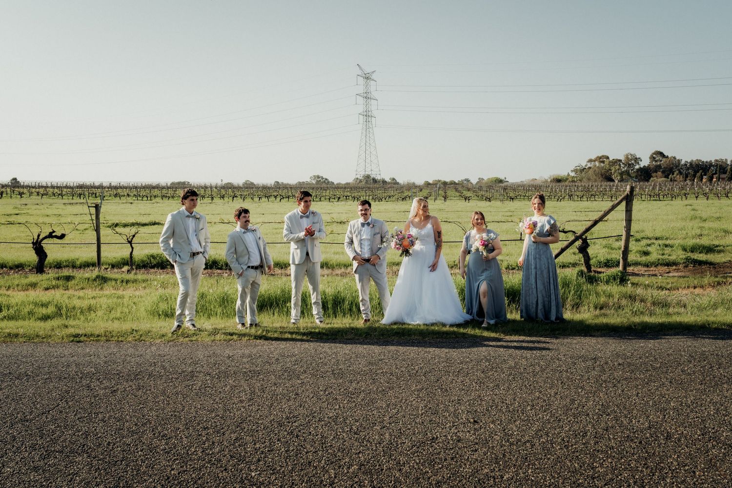Wedding party posing outdoors near a fence and vineyard, bride in white gown with bridesmaids in blue and groomsmen in grey.