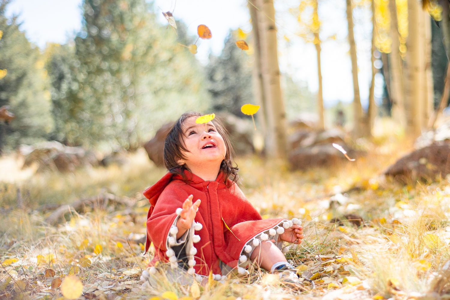 A joyful young girl in a red dress sits outdoors tossing autumn leaves in the air among golden fall trees.