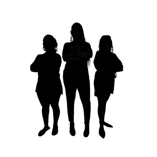 Silhouette of three women standing together with arms crossed against a white background.