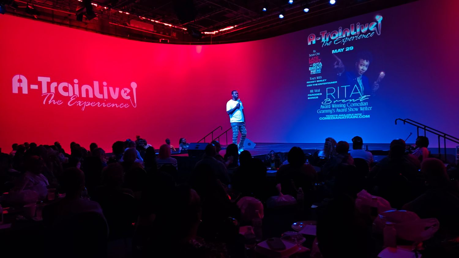 Performer on stage at A-Train Live The Experience show with large audience in attendance.