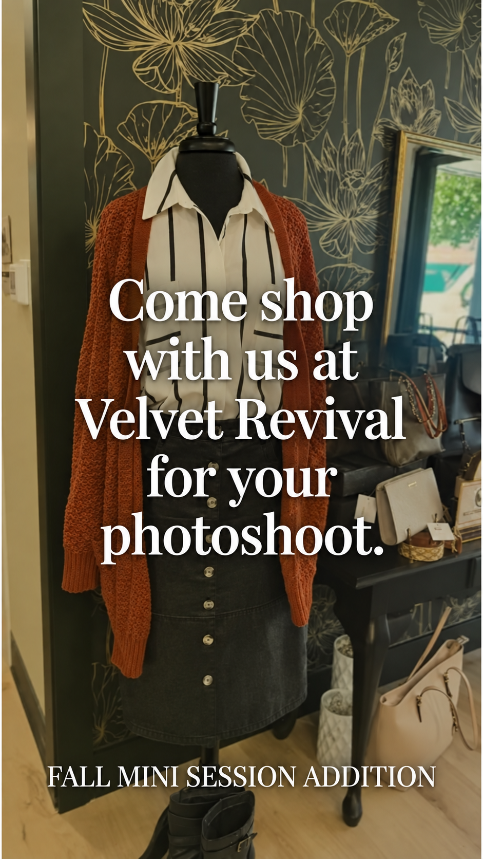 A mannequin styled in a rust cardigan, striped shirt, and dark skirt at Velvet Revival boutique for fall mini session photoshoots.