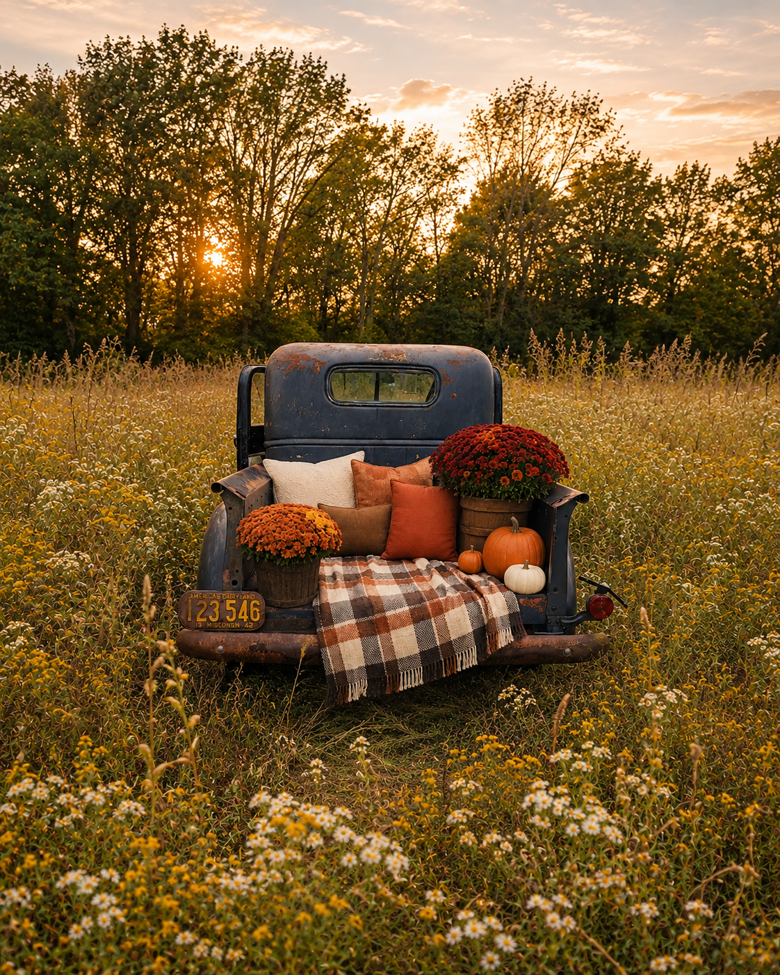 Vintage blue truck bed decorated with fall pumpkins, mums, and plaid blanket in a wildflower field at golden sunset.