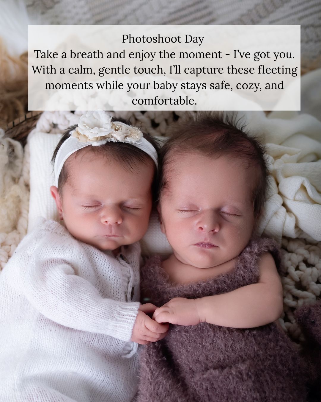 Two sleeping newborn twins wrapped in soft knit blankets, one wearing a white bow headband, cuddled together in a cozy nest.