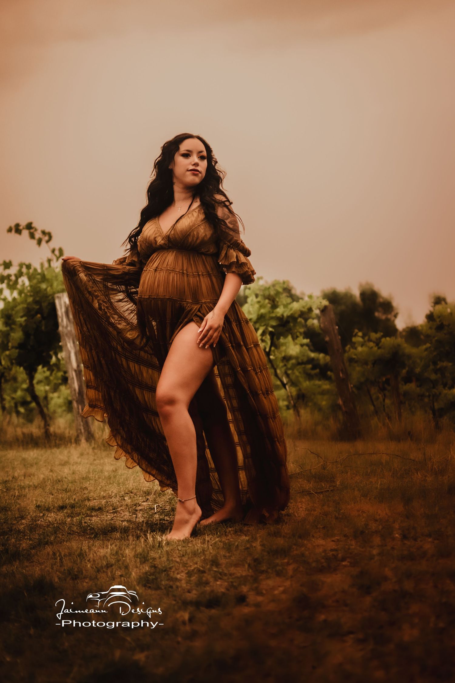 A maternity photoshoot in a field at sunset features a flowing brown dress creating an ethereal and romantic mood.