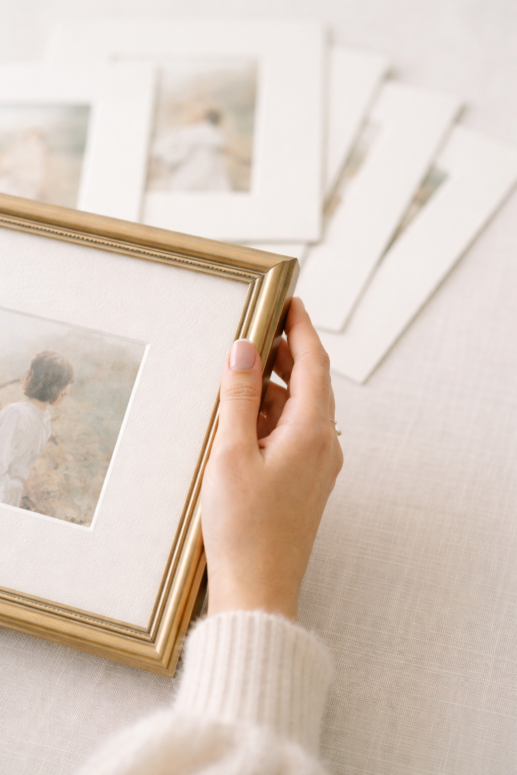 A hand in a white knit sweater holds a gold picture frame with a photo, surrounded by loose prints on a linen surface.