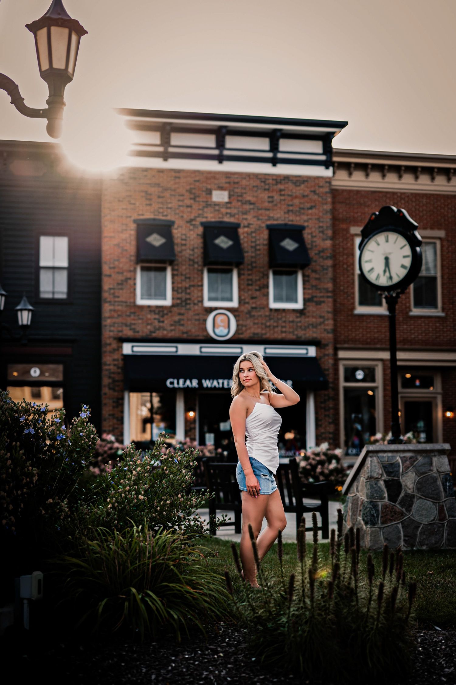 Town Square Portraits for Senior photos at sunset in Delafield, WI