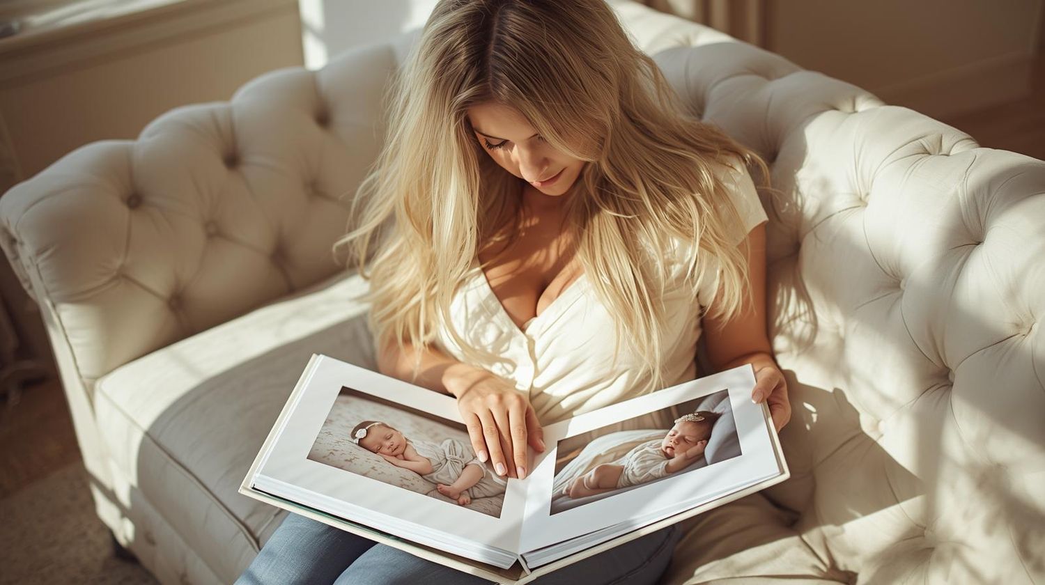 Woman looking through a photo album while relaxing on a tufted sofa in natural light.