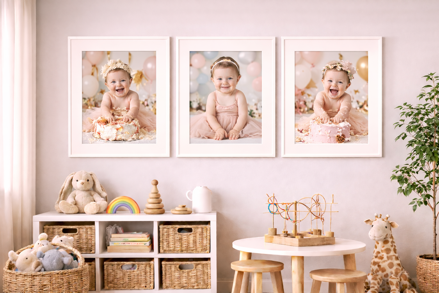 Three framed baby milestone photos displayed above a white nursery shelf with wicker baskets, toys, and a small giraffe figurine.