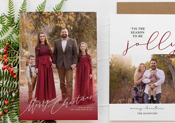 Two festive Christmas photo cards featuring families in red outfits with holiday greetings and elegant script typography.