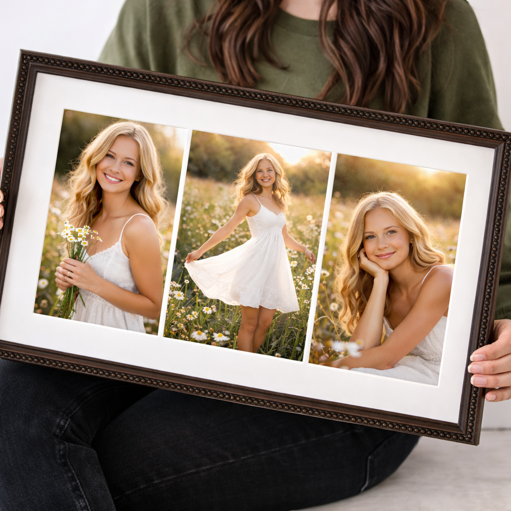 Woman holding a framed triptych collage of senior portraits featuring a smiling blonde girl in a white dress outdoors.