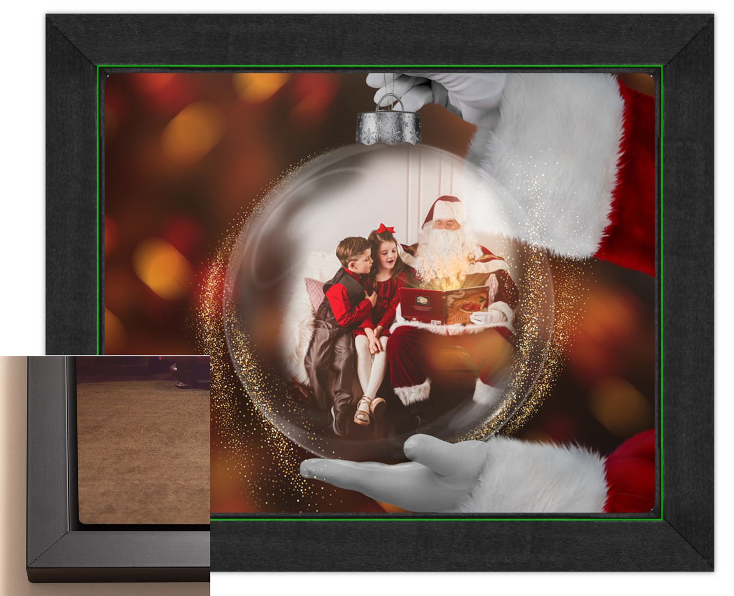 Festive Christmas ornament reflection featuring a holiday portrait in a glass bauble.