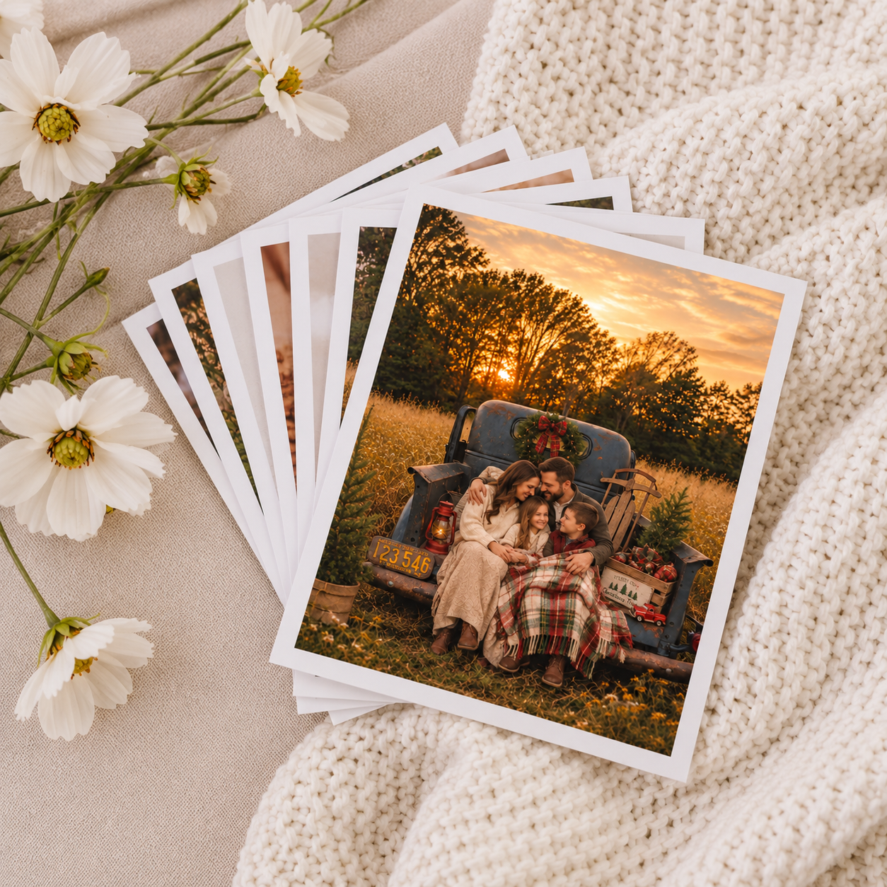 Stack of printed photos featuring a family sitting on a vintage truck at sunset in a golden field with white flowers nearby.