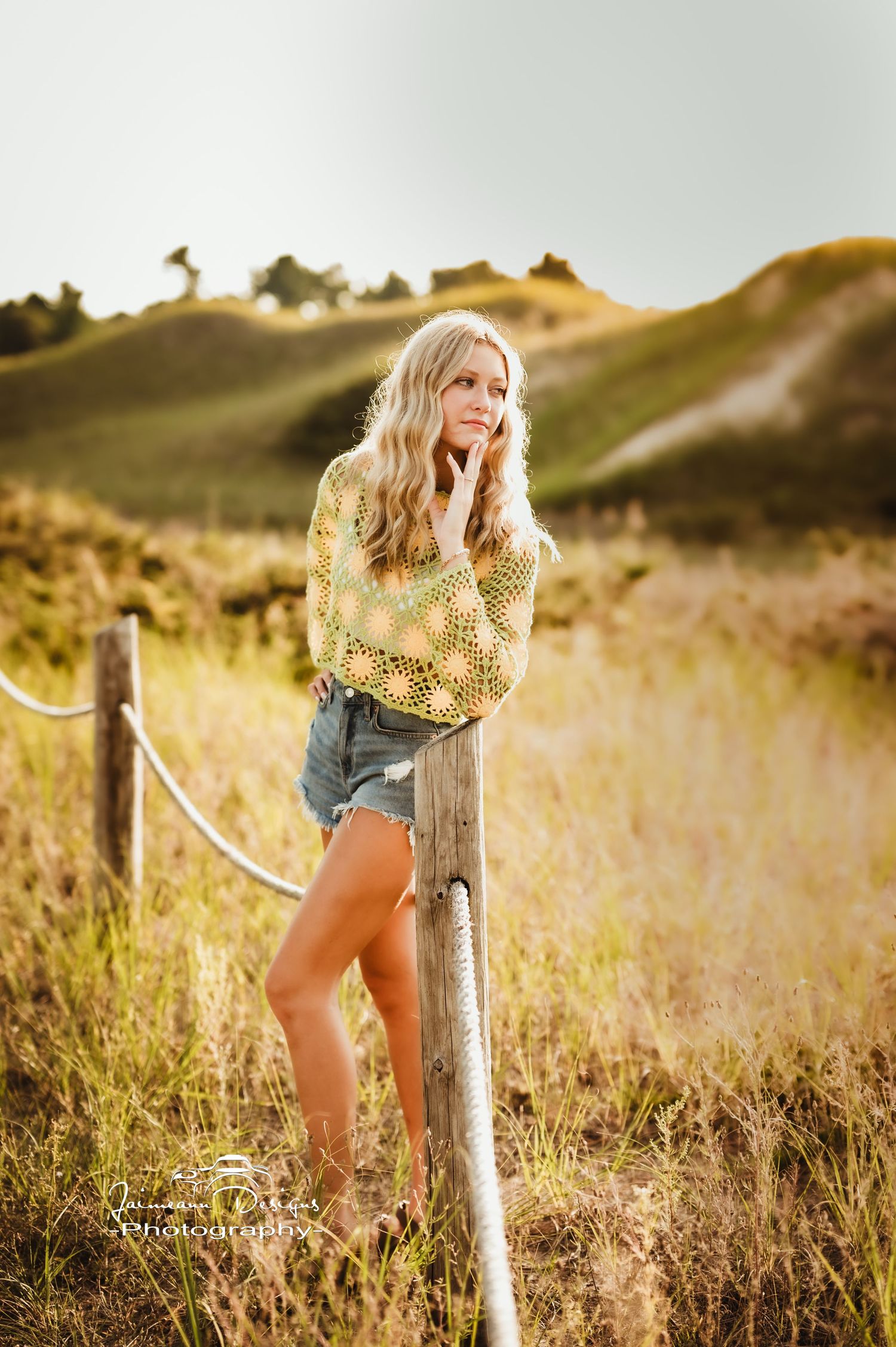 Summer fashion portrait by rustic fence post in golden meadow.