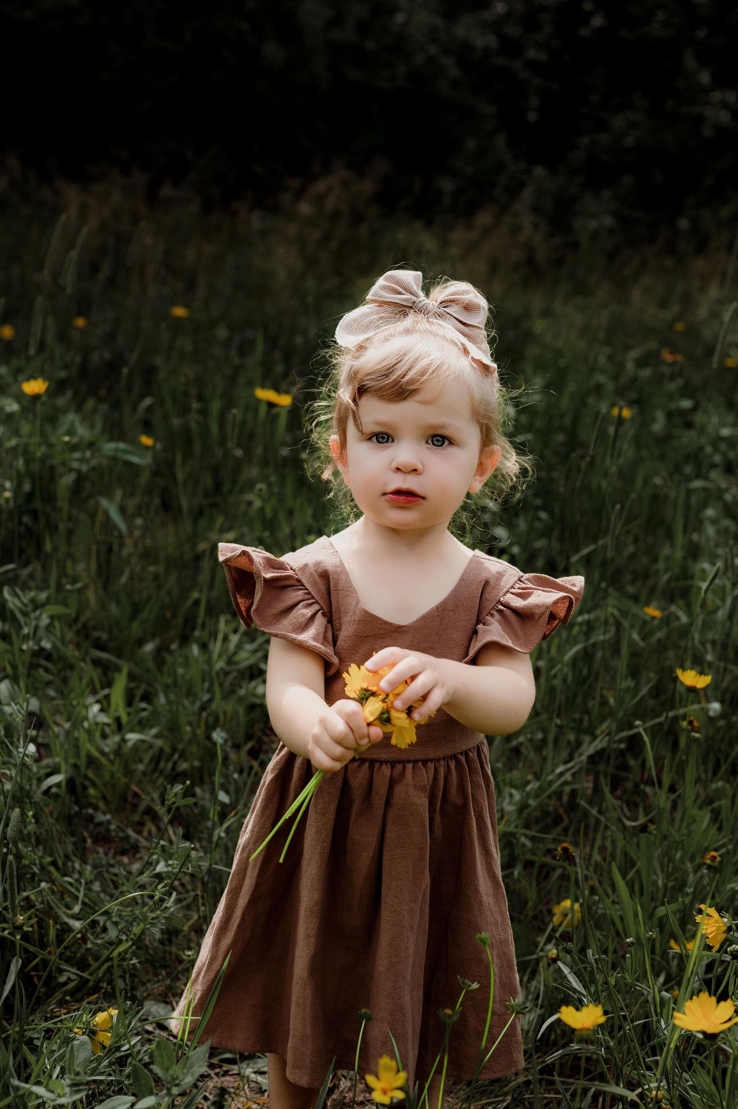 A toddler girl in a brown ruffle dress holds yellow flowers in a green meadow, wearing a pink bow headband.