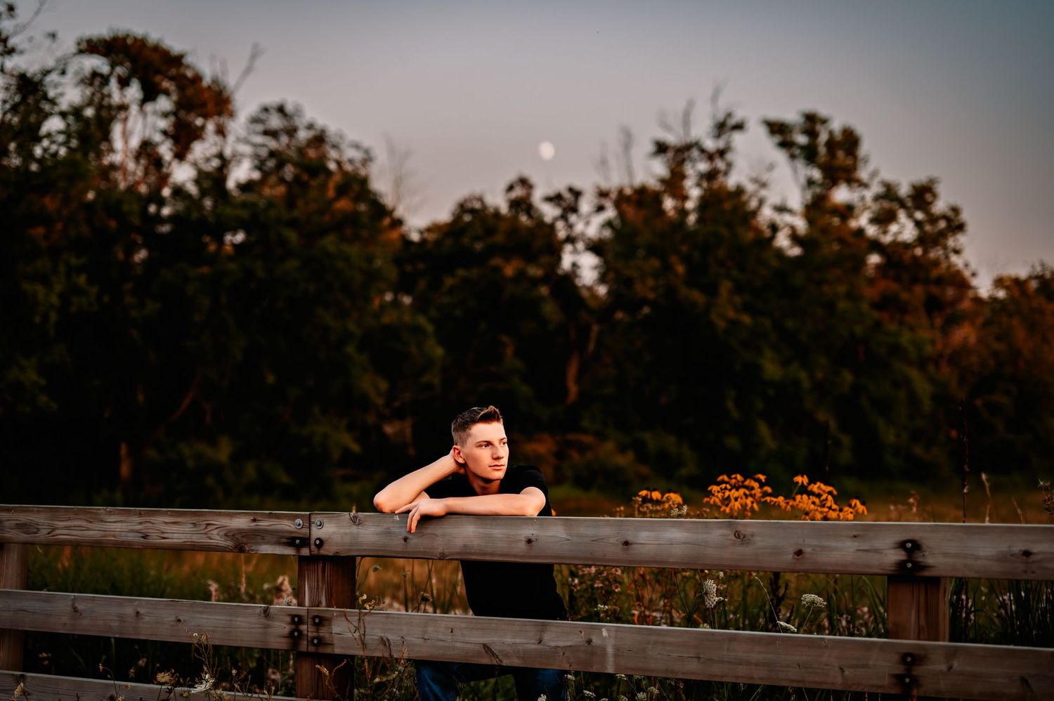 Person sitting on a wooden fence at sunset with trees in background.