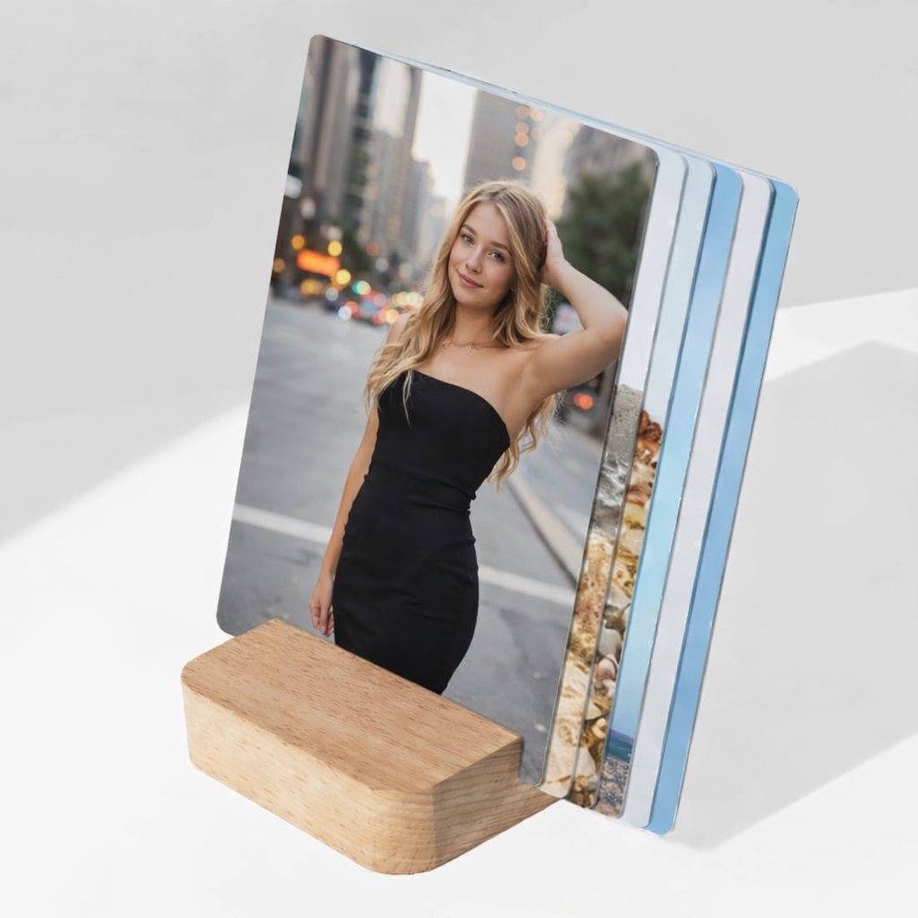 A stack of photo prints featuring a blonde woman in a black dress displayed in a wooden desktop holder.