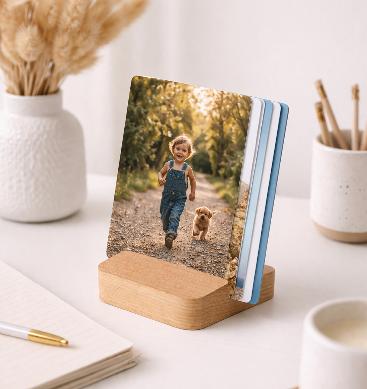 Wooden photo card holder displaying a child and dog on a desk with a notepad, pen, and decorative vases.