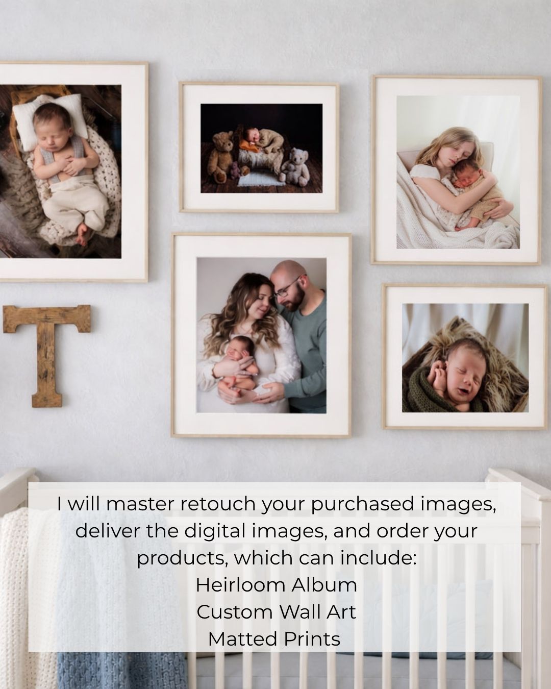 Newborn photography gallery wall featuring framed prints of a baby and family portraits displayed above a white crib.