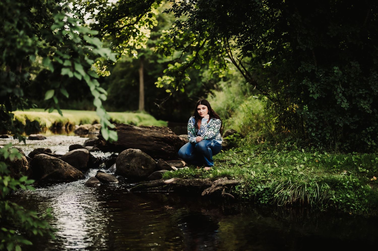 Peaceful scene by a stream with rocks and dappled sunlight through trees.