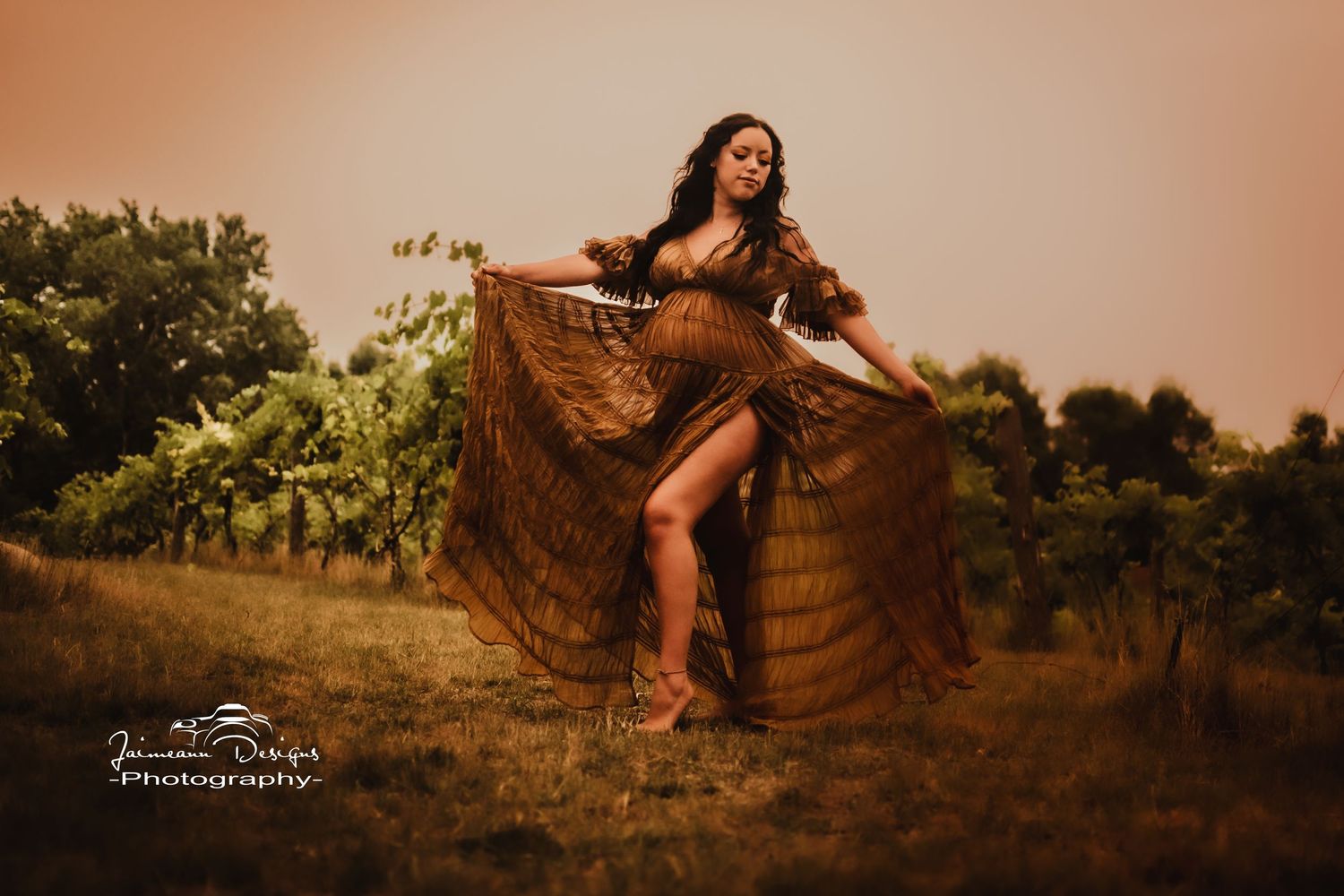 A dramatic maternity portrait shows a flowing brown dress against a natural outdoor setting at dusk.