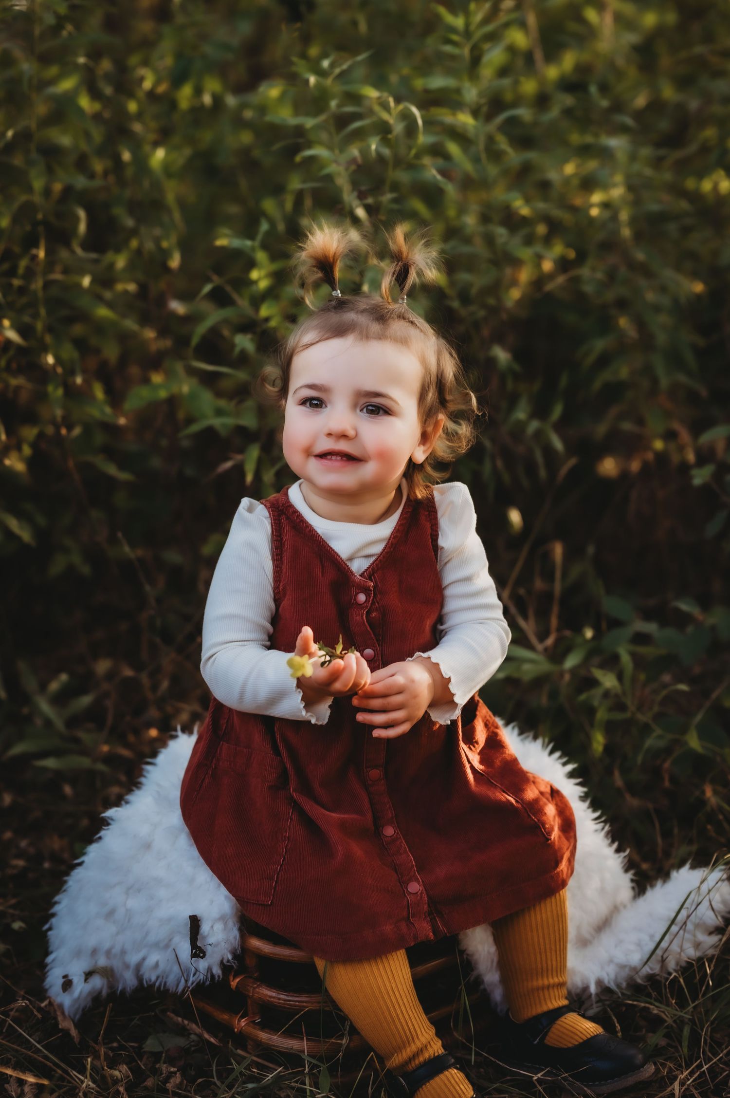 Toddler in burgundy corduroy dress and yellow tights sits outdoors against greenery during golden hour.