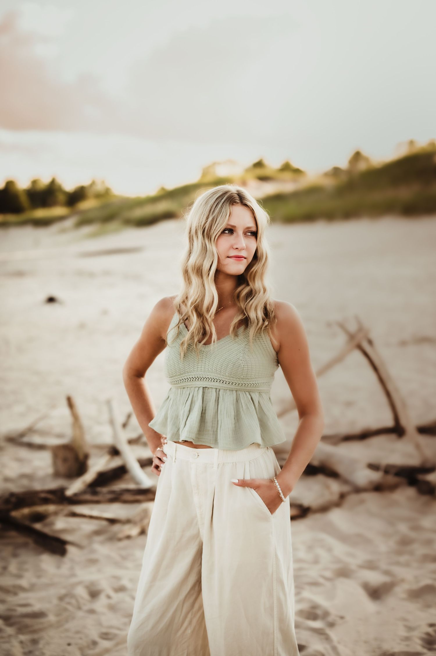 A series of photos showing someone in a light summer dress walking along a sandy beach at sunset, Sheboygan, WI