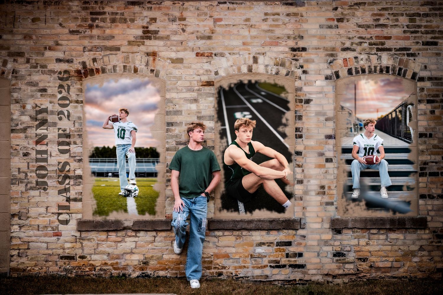 A romantic couple poses together against a rustic brick wall during an outdoor engagement photo session.