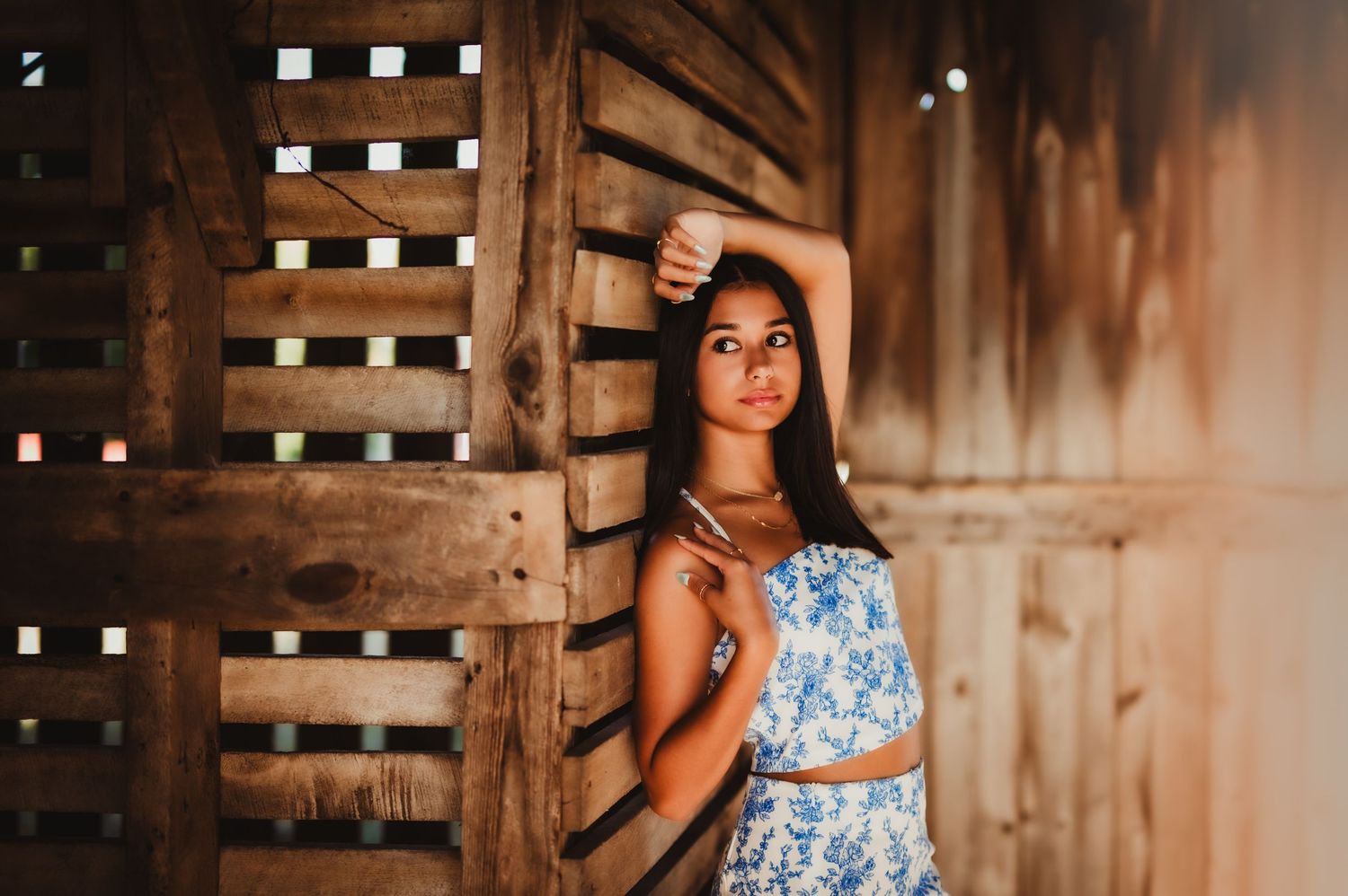 A person in a floral blue dress poses against a rustic wooden barn wall in warm lighting in Kewaskum, WI