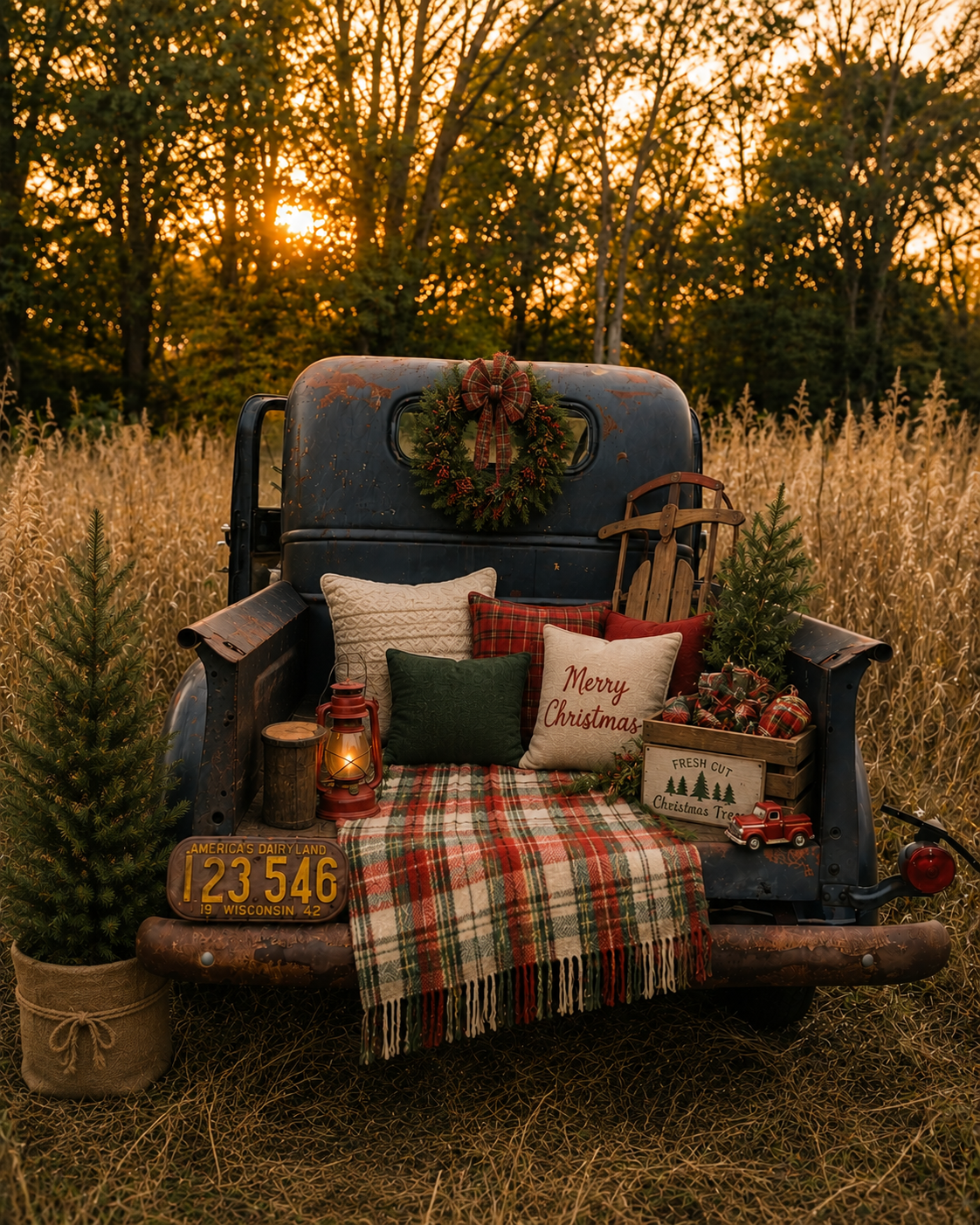 Rustic vintage truck bed decorated with Christmas pillows, plaid blanket, wreath, and pine trees at golden sunset.