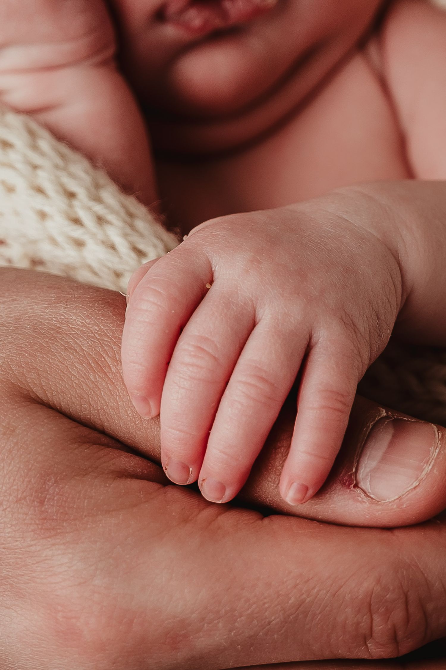Close-up of tiny baby hand resting on parent's palm showing delicate newborn details.