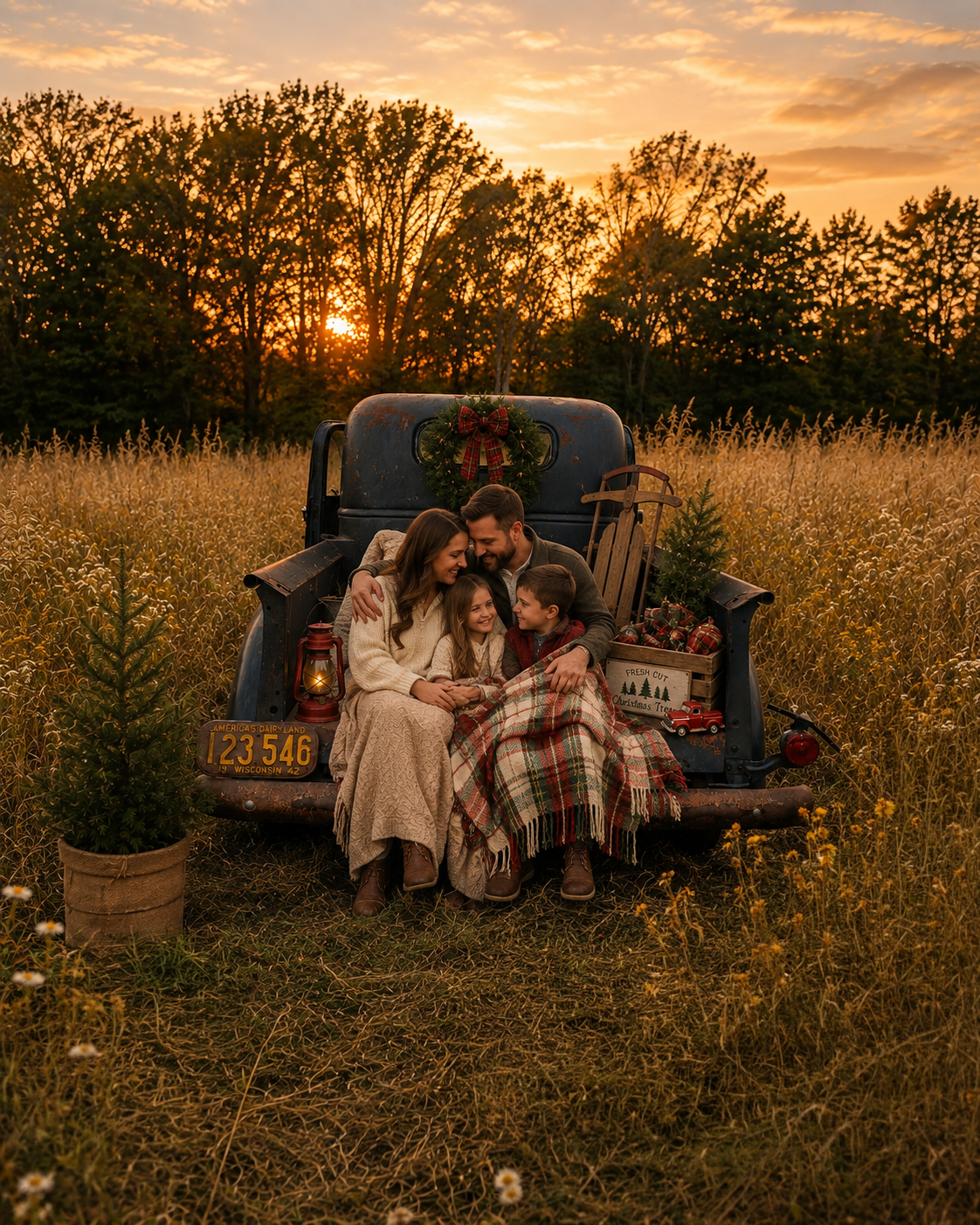 Family wrapped in plaid blanket sitting on vintage truck tailgate in golden field at sunset with Christmas wreath.