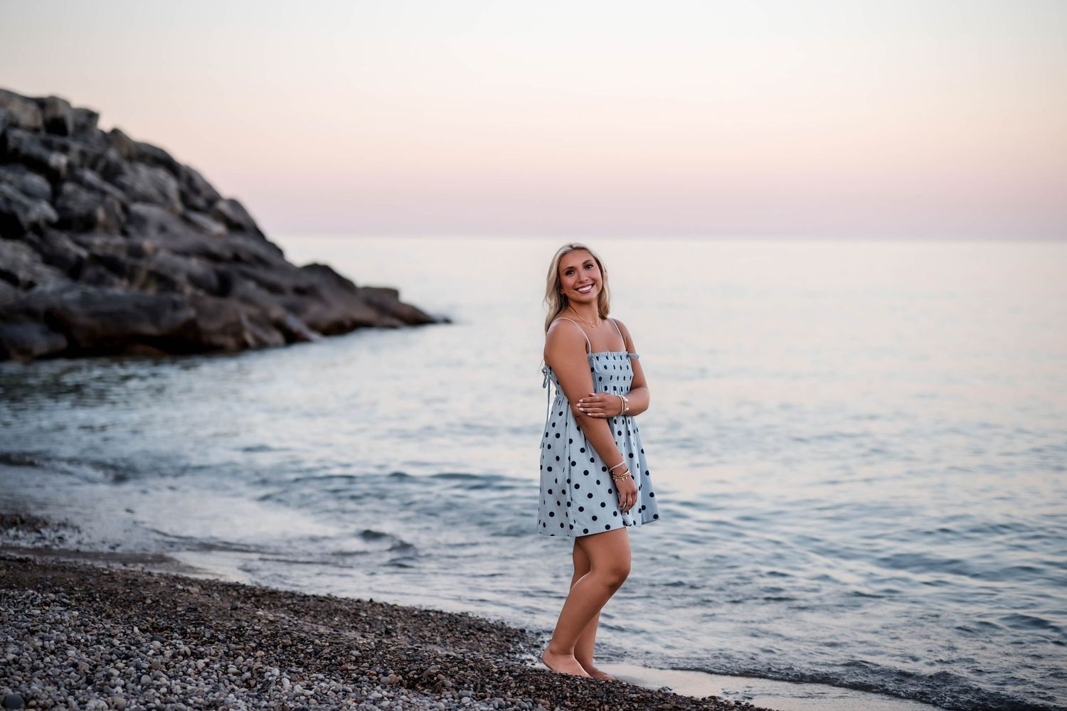 Millie, a Kewaskum High School Class of 2027 senior, on the Lake Michigan shoreline in Port Washington, Wisconsin