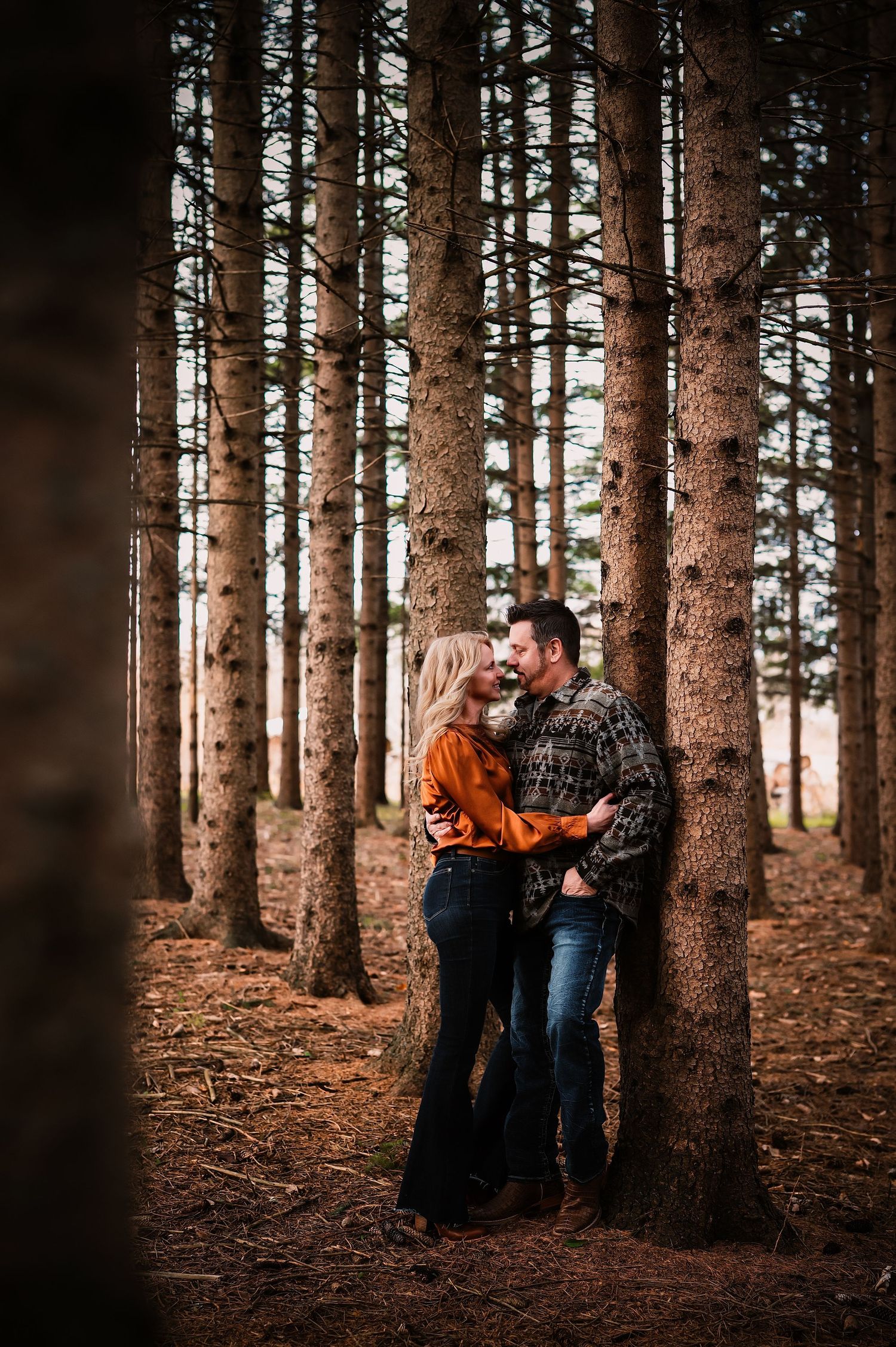 Romantic couple embraces among tall pine trees in a moody forest setting during golden hour.