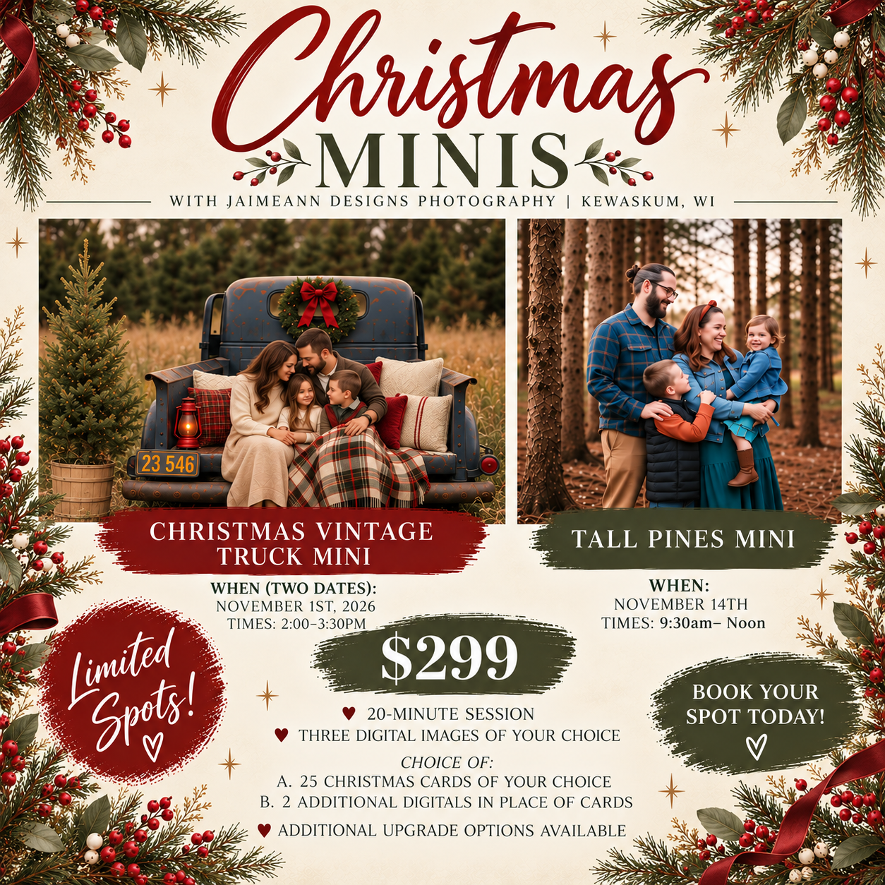 Christmas mini photo session flyer featuring family portraits with vintage truck and tall pines backdrop, priced at $299 in Kewaskum, WI.