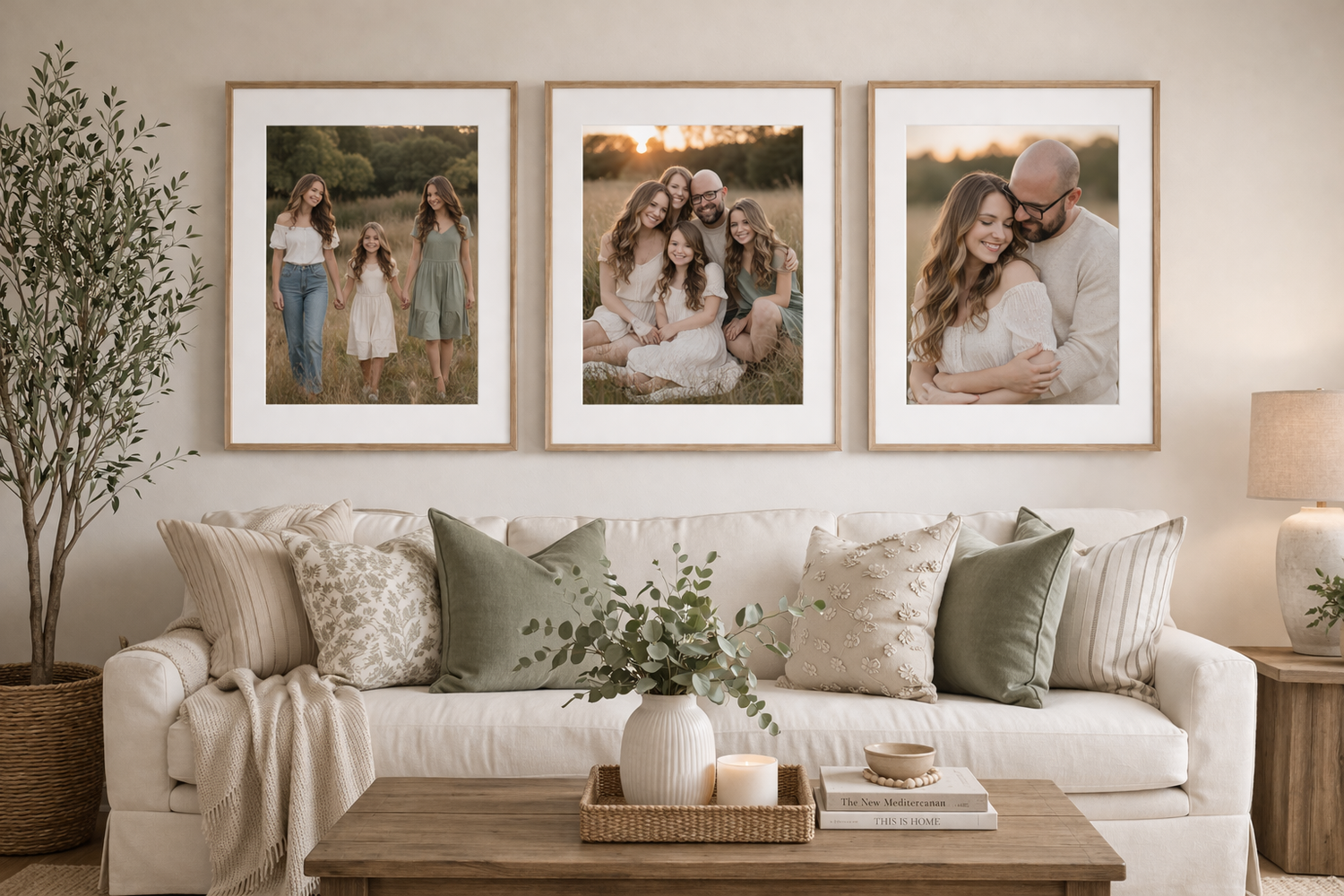 Framed family portrait gallery wall above a neutral sofa with green pillows in a cozy living room.