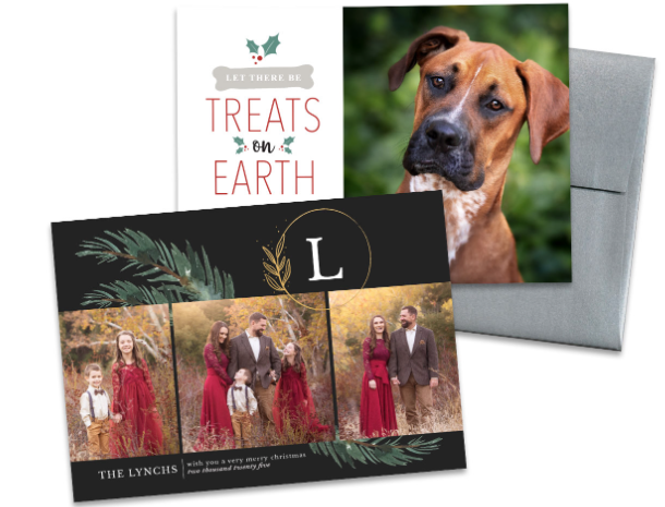 Holiday greeting cards featuring family photos, a dog portrait, festive greenery, monogram initial, and the text Treats on Earth.