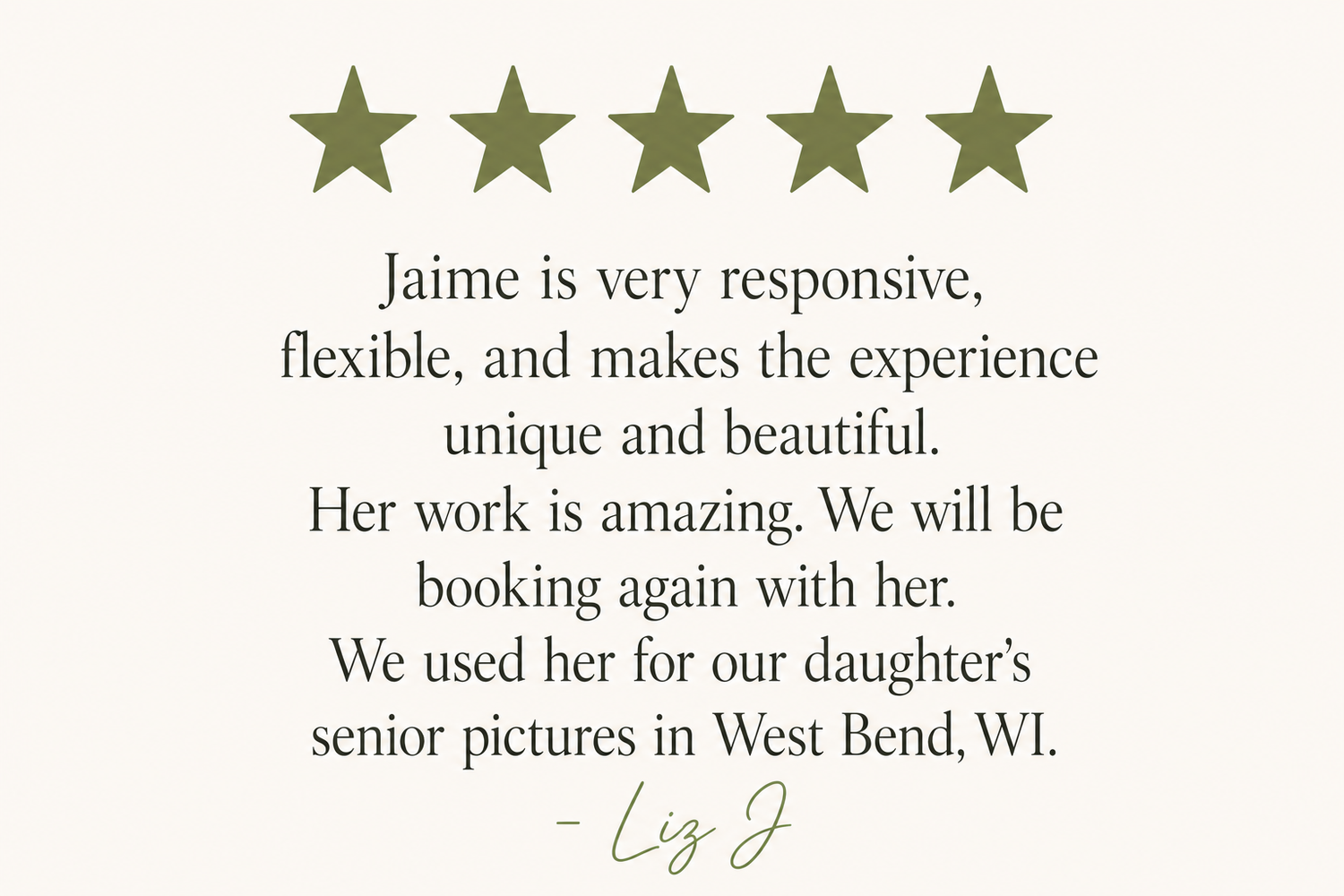 Five-star customer review praising Jaime's photography for senior pictures in West Bend, WI.