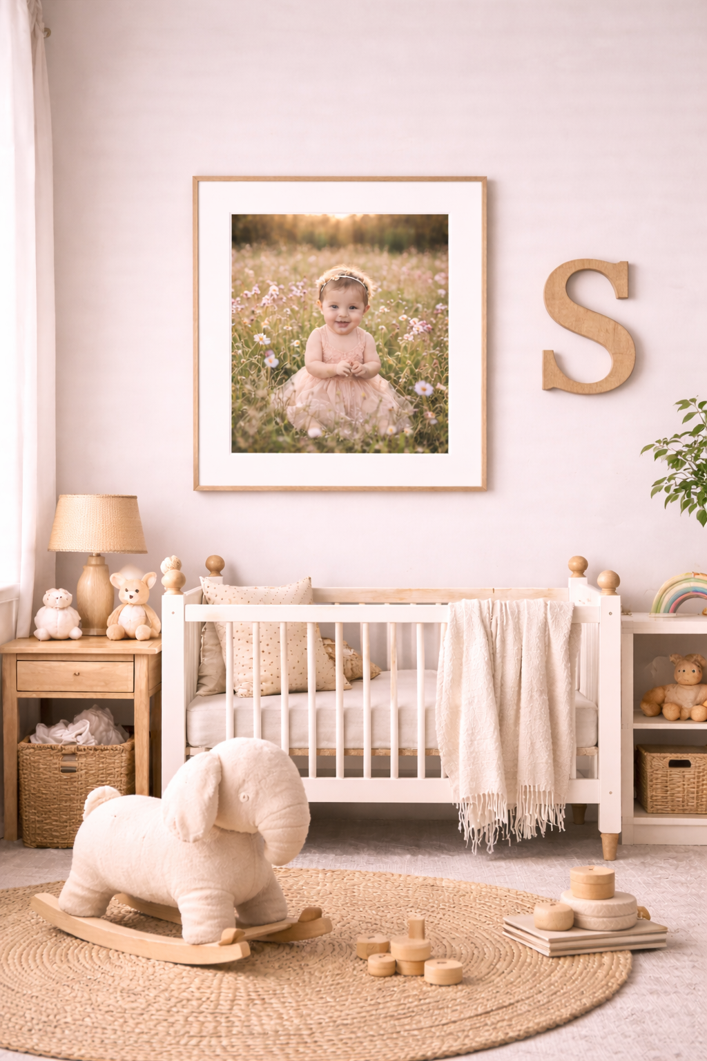 Cozy nursery with white crib, rocking horse, framed baby photo, letter S wall decor, and warm neutral tones.