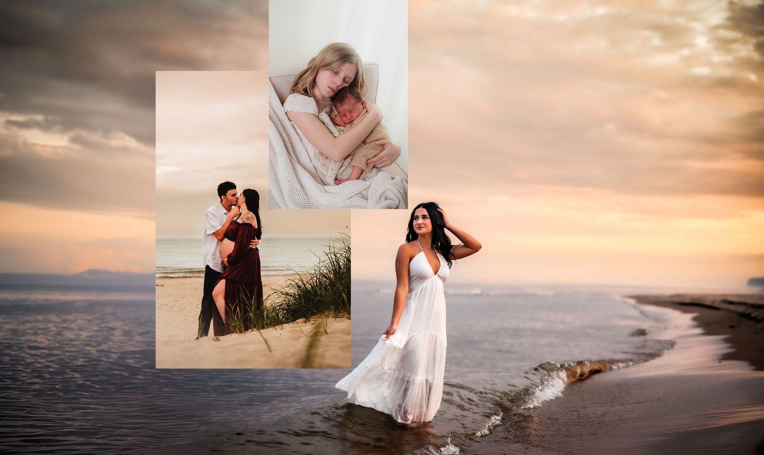 Maternity Couple snuggling on the beach in Wi, Newborn Sessions at the Beach in Sheboygan, WI Newborn in Sisters Arm in Kewaskum, WI Studio