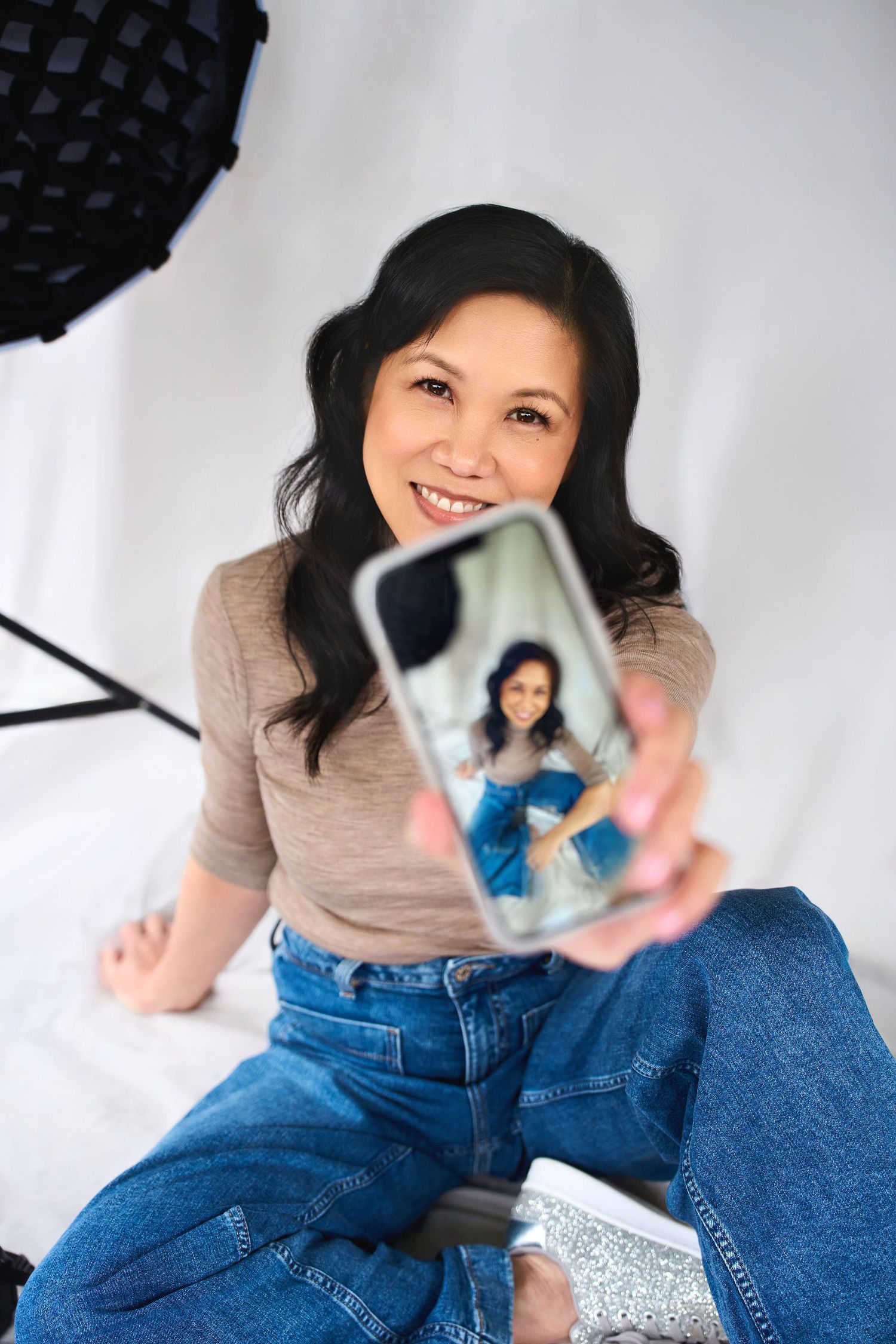 Content creator branding photography Sydney, Mel Green of Simply Mel at home with her own camera equipment, Studio TingTing