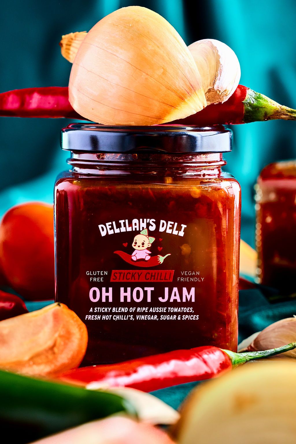 Delilah's Deli Oh Hot Jam commercial product photography Sydney, close-up brand shoot by Studio TingTing.