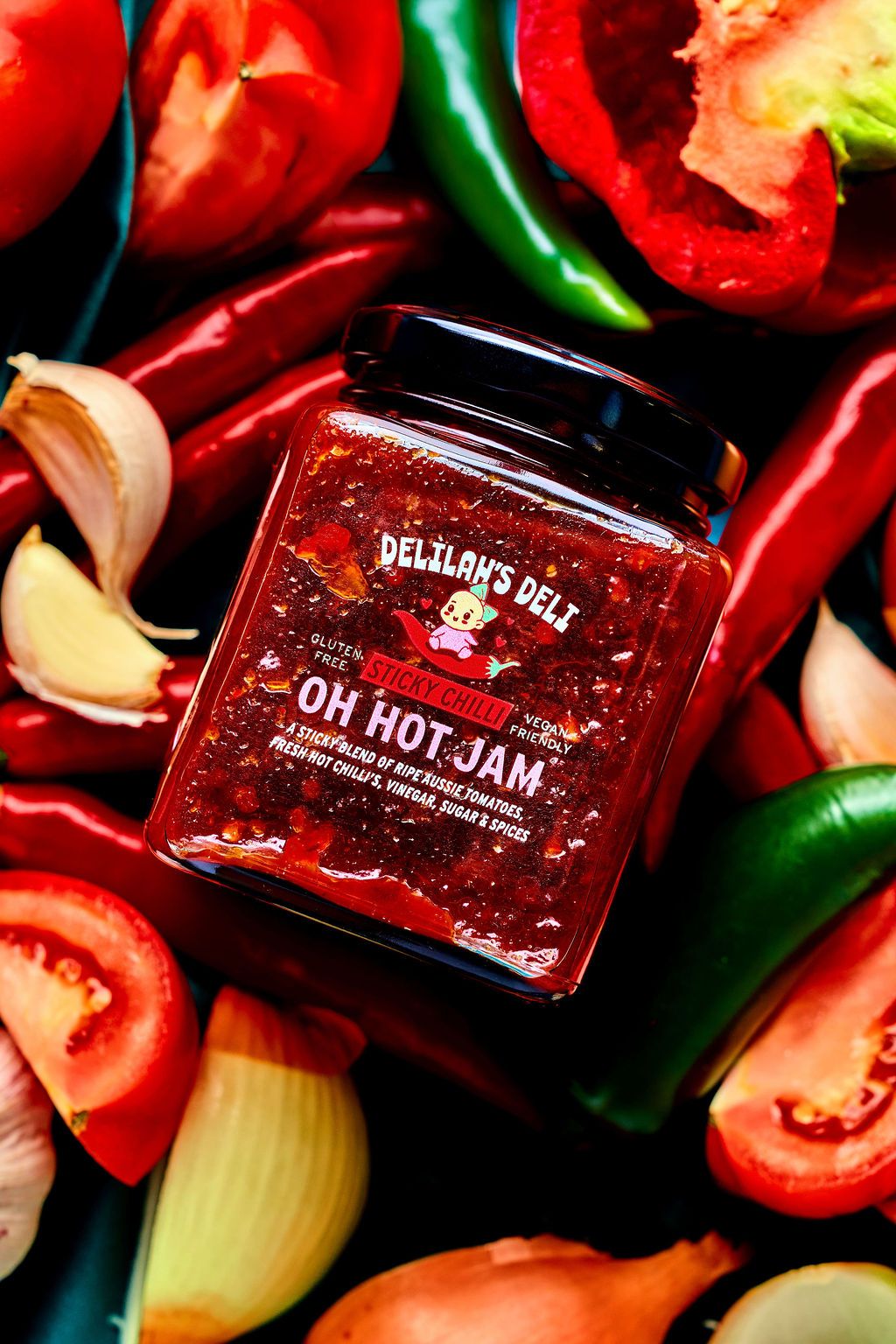 Delilah's Deli hot jam product photography Sydney — artisan sauce commercial brand shoot by Studio TingTing
