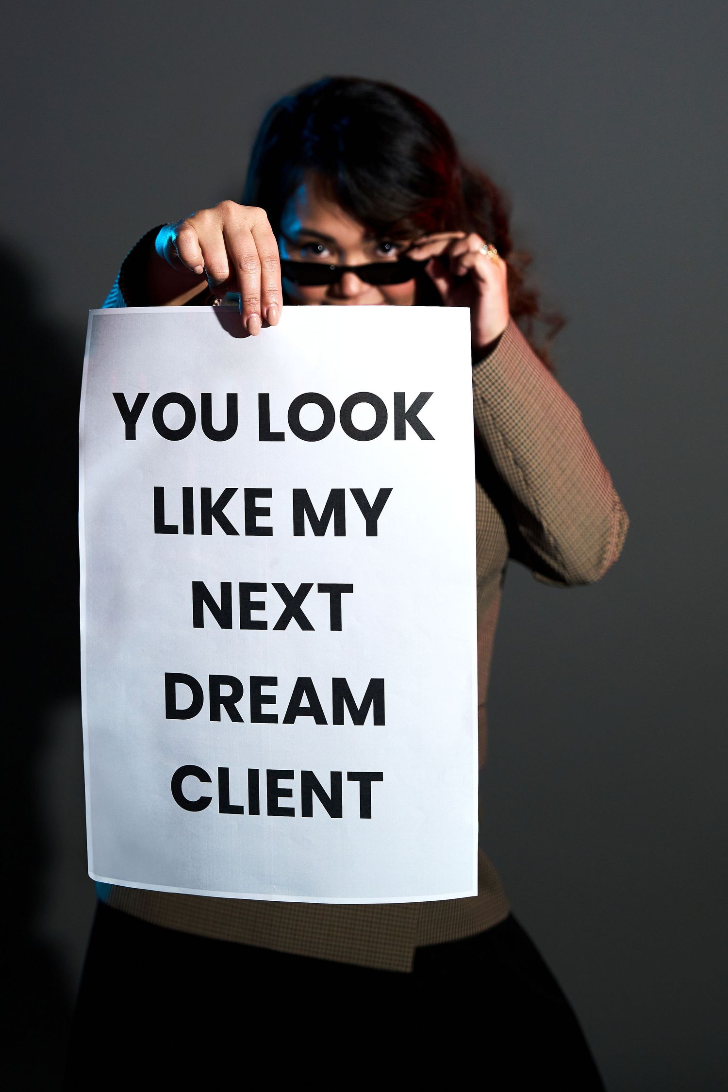 personal branding photo series displaying text cards reading 'YOU LOOK LIKE MY NEXT CLIENT' by Studio TingTing in sydney studio.