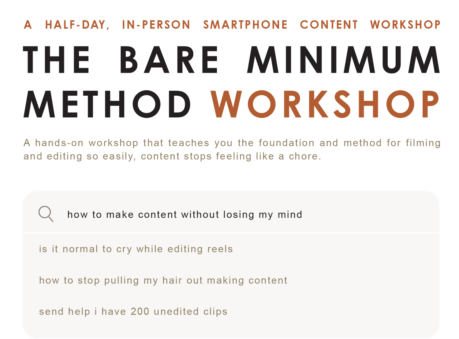 The Bare Minimum Method Workshop flyer for a half-day smartphone content workshop teaching filming and editing basics.