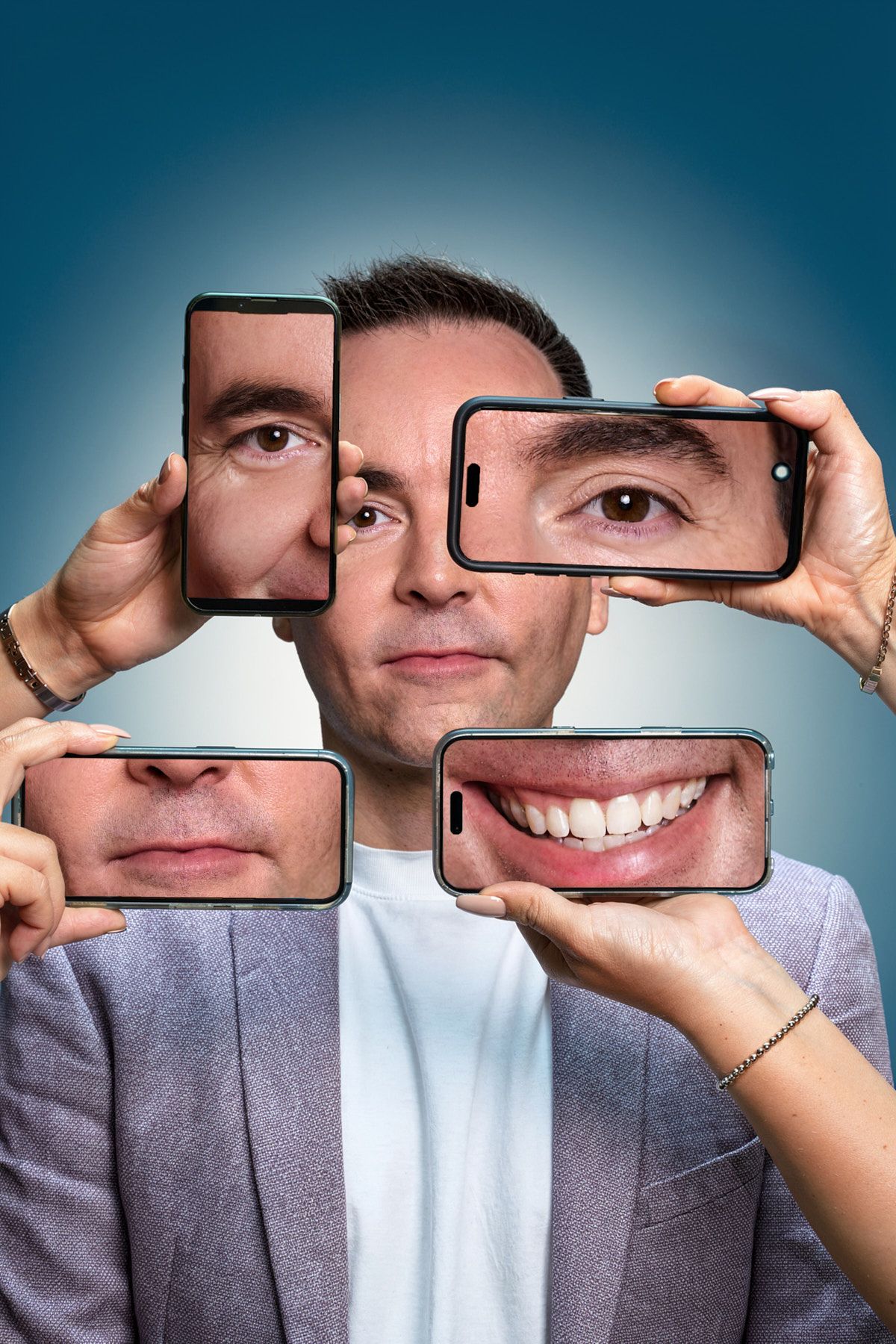 Personal branding photo using phone screens to show different facial expressions for a mental health coach by Studio TingTing in Sydney.