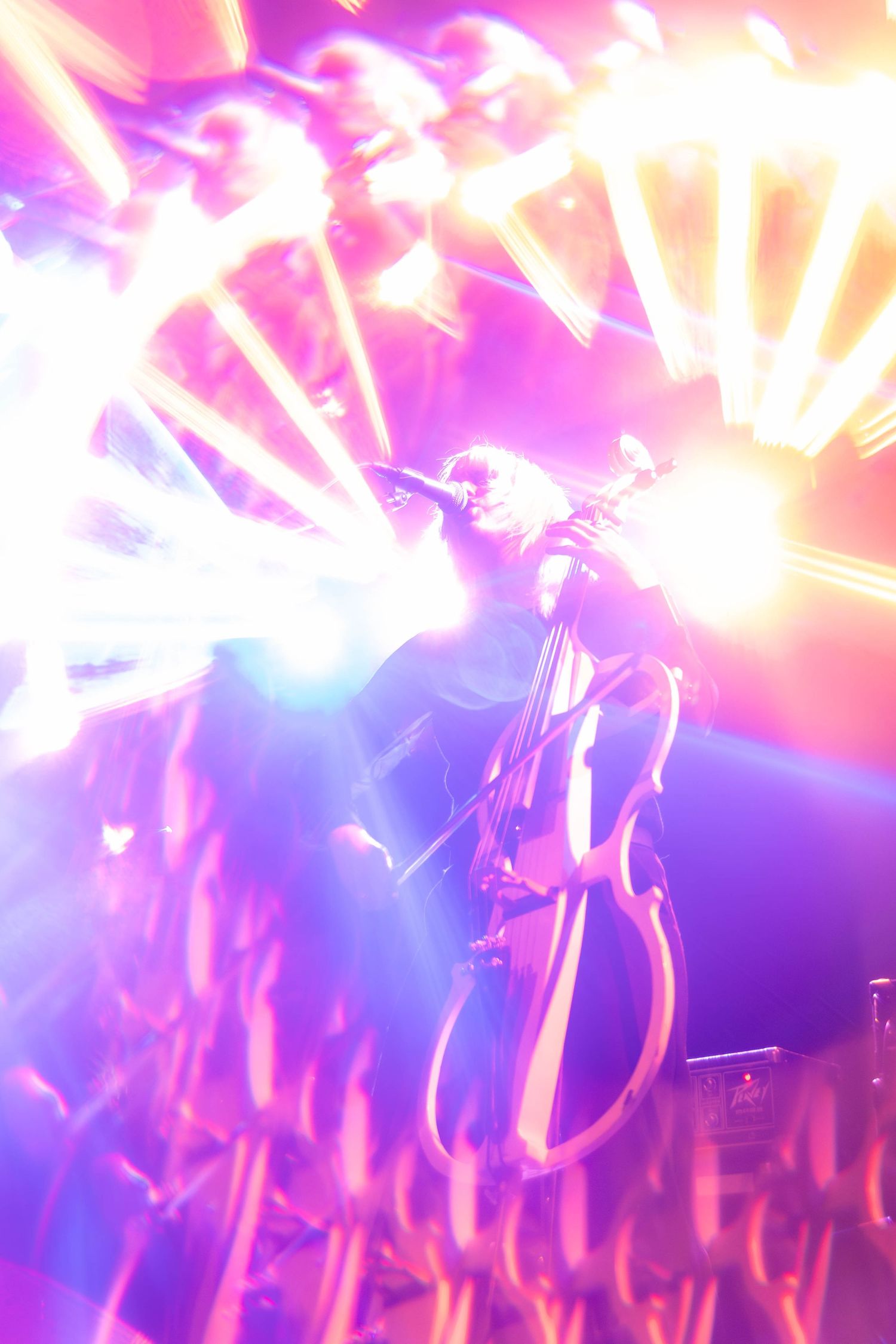 Dramatic stage lighting creates pink and purple hues during live music performance.